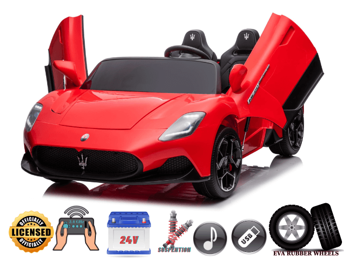 The Experience Luxury: Red XXL 24V /105W Maserati MC20 is a premium 2-seater childrens car with remote control, leather seats, logo-embossed headrests, butterfly doors, and sports design. It includes suspension, music capability, USB port, rubber tires, and icons for licensed status.