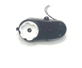 The black electric motor gearbox, compatible with the 12V Audi R8 Steering Motor, includes a white circular gear and attached wiring. Displayed on a plain white background, its designed to enhance ride-on car performance.