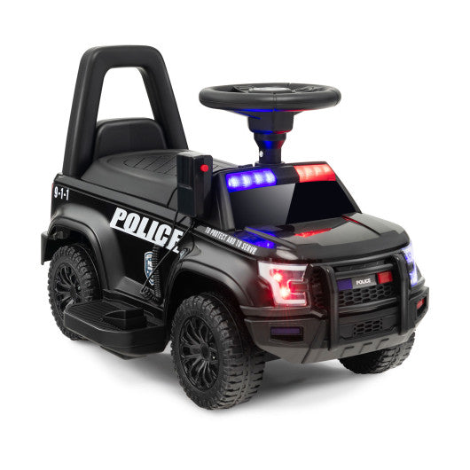 Toddlers 6V Black Police Themed Ride-On with LED Lights, Megaphone, Siren