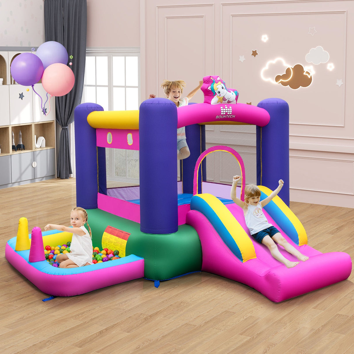 6-in-1 Bouncy Castle Inflatable Bounce House with Slide and Ball Pit with 480W Blower