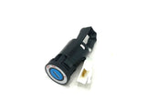 A cylindrical black 12V Mclaren 720 ignition switch with a blue face and white OFF and ON lettering. Designed for ride-on cars, it includes a wired connection with a white plastic connector, set against a plain white background.