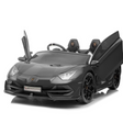 A sleek Black 24V Lamborghini SVJ Ultimate Drifting Car for kids, featuring scissor doors, detailed headlights, a steering wheel, two seats, and drifting wheels, set against a plain white background.