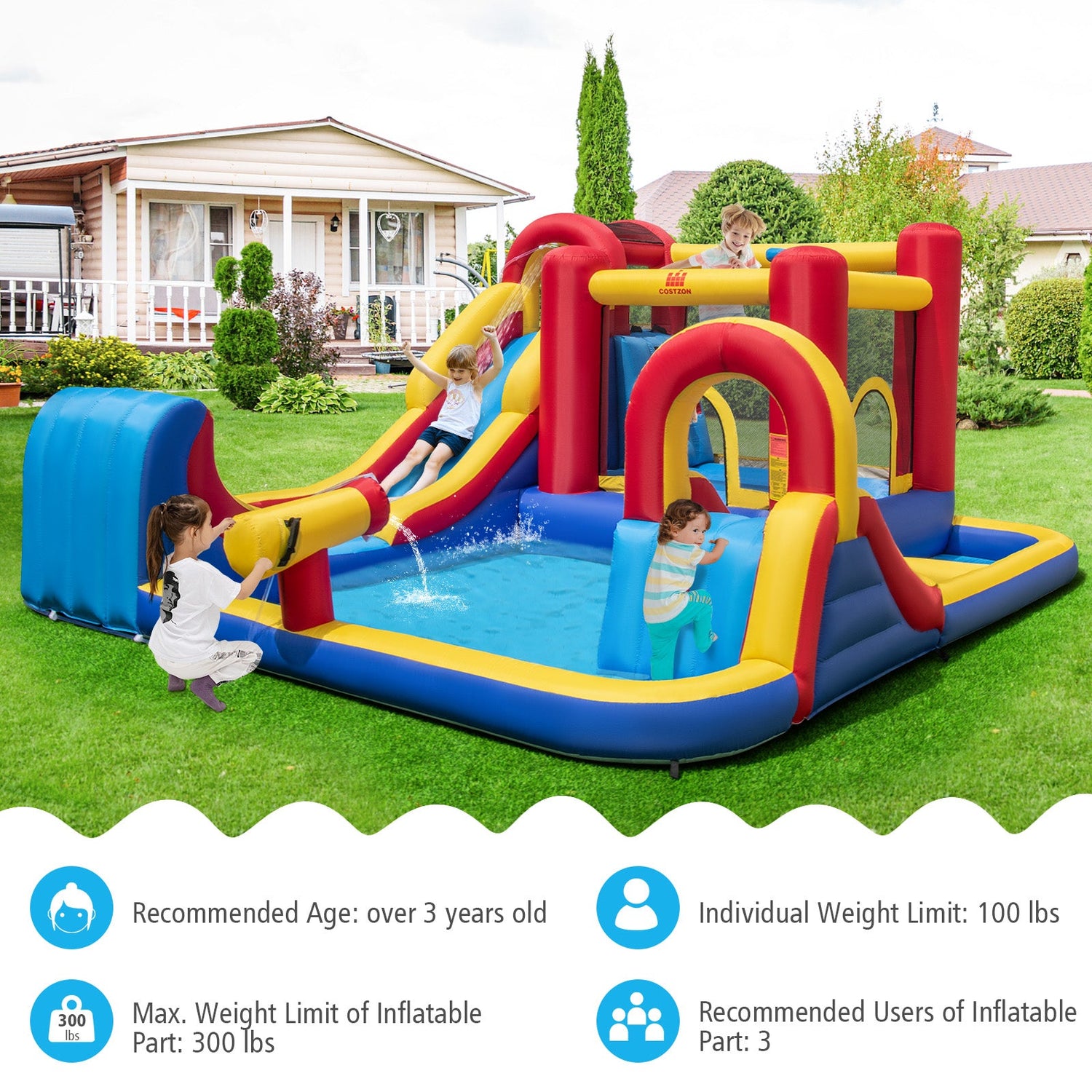 7 in 1 Outdoor Inflatable Bounce House with Water Slides and Splash Pools with 735W Blower