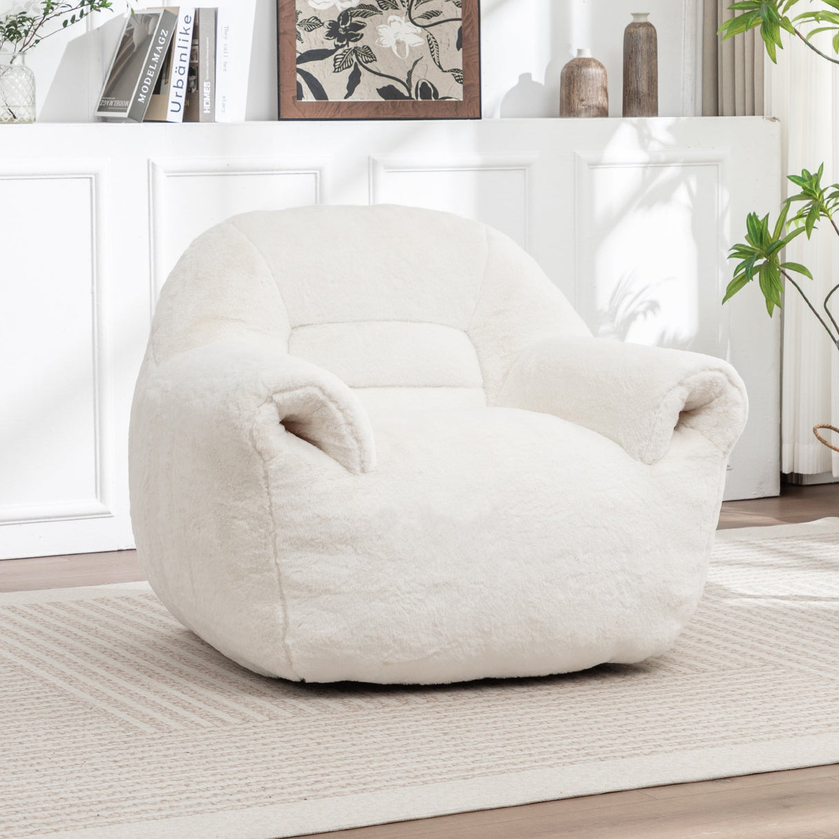Bean Bag Chair, Comfy Bean Bag Sofa with Back Support, Faux Fur Bean Bag Chair for Adults and Kids, Stuffed Floor Sofa for Living Room, Bedroom, Apartment, White