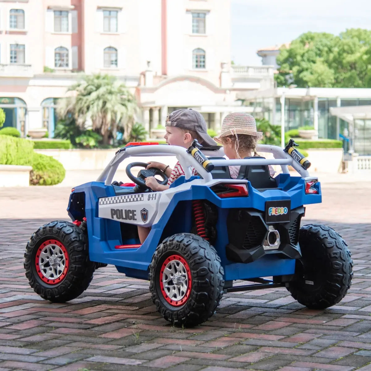 24V Kids Storm Police 4X4 2-Seater UTV with EVA Tires, Emergency Siren, Lights, Music, Remote