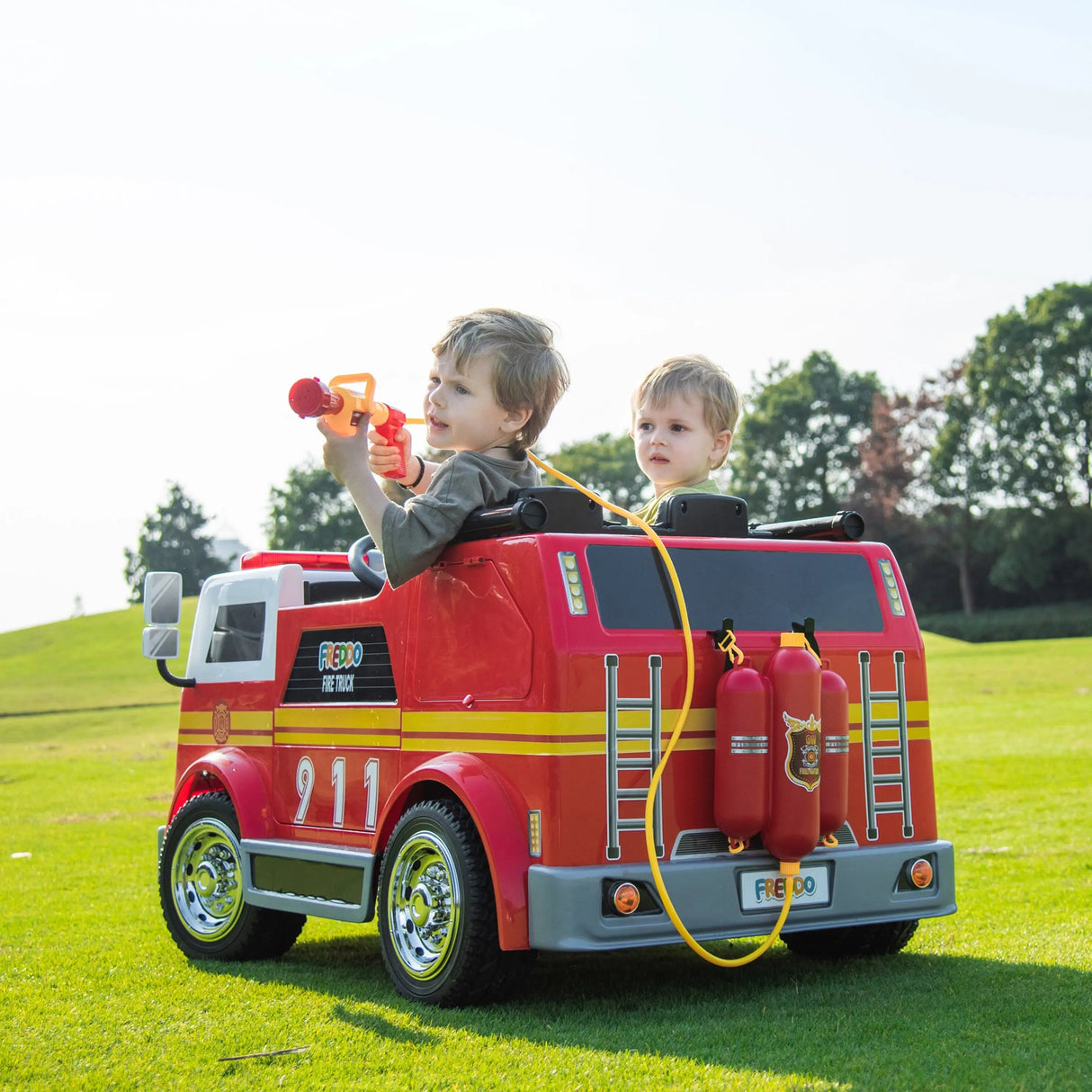 24V Kids 2-Seater Ride-On Fire Truck with EVA Tires, LED Lights, Music, Remote