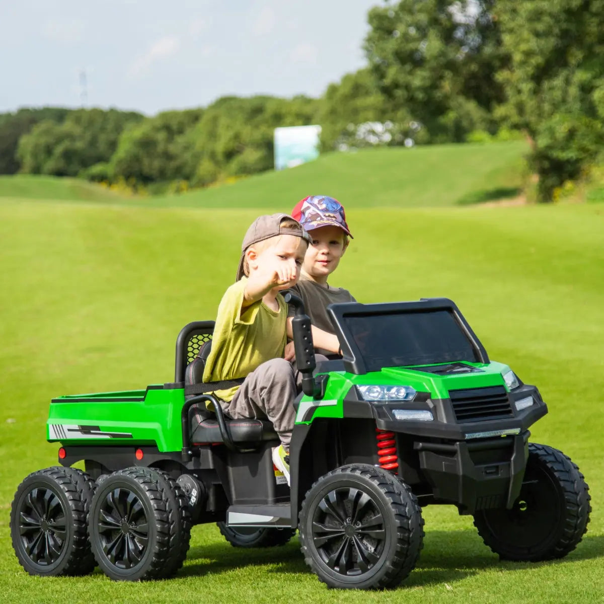 24V 6-Wheel Tractor Trailer 2-Seater Ride-On with EVA Tires, Dump Cart, LED Lights, Music, Remote