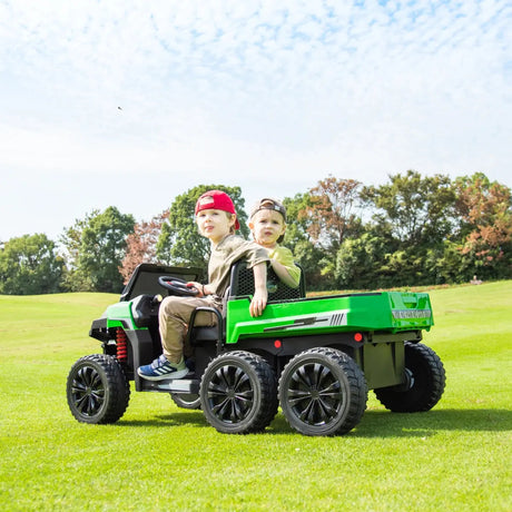 24V 6-Wheel Tractor Trailer 2-Seater Ride-On with EVA Tires, Dump Cart, LED Lights, Music, Remote