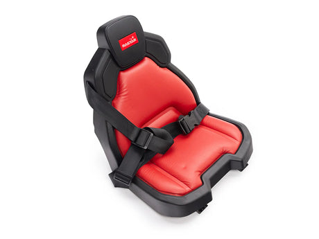 The 12V LaFerrari Seat is a small red and black kids racing seat with a five-point harness, featuring the brand logo on the headrest. Designed for safety and comfort, its an ideal replacement part for their favorite ride-on car.