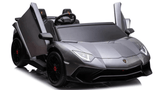 A sleek, silver Lamborghini ride-on resembling a sports car with scissor doors, black wheels with red accents, and a plush black interior. The Grey Giant Official Limited Edition SV 24V/180W mimics luxury with eco-leather seats, perfect for big kids up to 10MPH!.