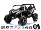 A white battery-powered 2 Seater XXL Blade BT 4WD Edition Kids Ride On UTV, Buggy with RC features rugged EVA wheels, roll cage, leather seats, steering wheel, side decals. Includes 24V power, suspension, Bluetooth/USB music capability for an adventurous drive with heavy-duty build.