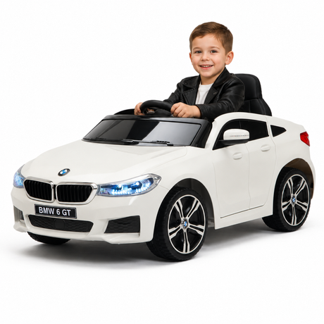 White 12V BMW GT Kids Licensed 1-Seater Upgraded Ride-On Car with EVA Wheels, Music, RC