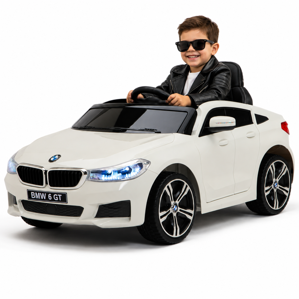 White 12V BMW GT Kids Licensed 1-Seater Upgraded Ride-On Car with EVA Wheels, Music, RC