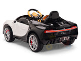The White 12V Bugatti Chiron Kids Licensed 1-Seater Ride On Car features black and white colors, a detailed interior with a yellow steering wheel, realistic taillights, silver rims, rubber wheels, and remote control. Its sleek aerodynamic design mirrors a luxury sports car.