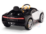 A rear-angle view shows a detailed black and white Bugatti Chiron toy car, featuring realistic taillights, shiny rubber wheels, a steering wheel, and a Chiron license plate. The White 12V Bugatti Chiron Kids Licensed Ride-On Car includes remote control functionality.