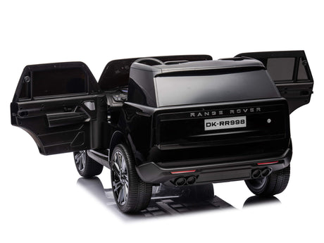 The Black 24V Kids Range Rover is a luxury ride-on SUV toy with premium features and parental control, showcasing open doors, visible wheels, exhaust pipes, and a license plate DK-RR998. Its viewed from the rear against a plain white background.