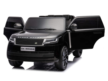 A black 24V Kids Range Rover ride-on SUV, model DK-RR998, is displayed with open front doors. It has detailed features like headlights and grille on a reflective surface and offers premium features with parental remote control for adventurous play.