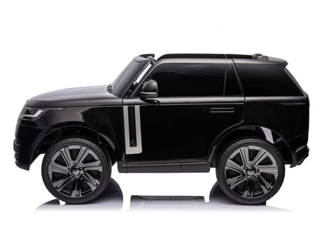 A profile of the Black 24V Kids Range Rover shows a luxury ride-on SUV against a white background. It features realistic large wheels, tinted windows, and reflective surfaces. This premium toy includes remote control for parental guidance.