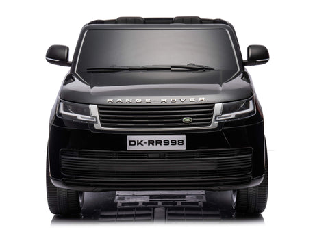 Front view of a stylish Black 24V Kids Range Rover ride-on SUV with license plate DK-RR998, featuring premium design details and a glossy finish against a plain white background.