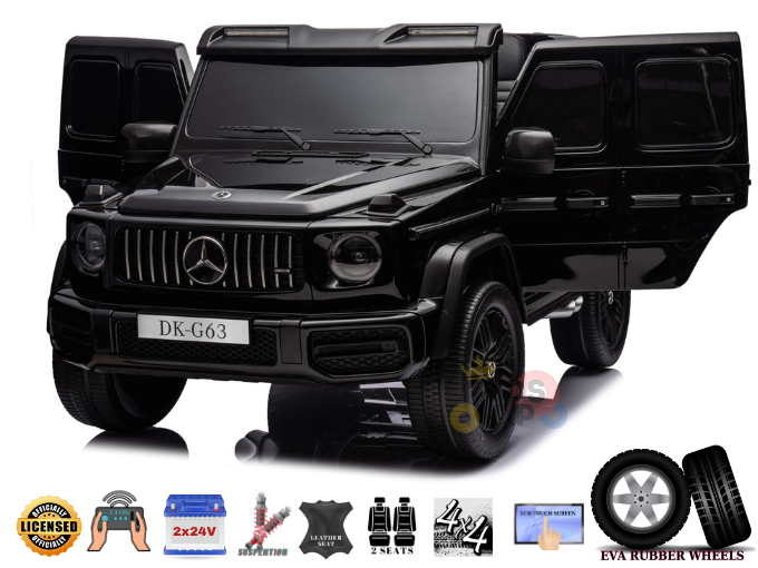 The Black Mercedes G63 XXL Kids Ride-On Truck features open doors, logos, and icons showcasing its licensed Platinum Edition status. It includes 24V dual batteries, 4WD capabilities, EVA tires, two leather seats, and an MP4 player for the ultimate ride-on experience.