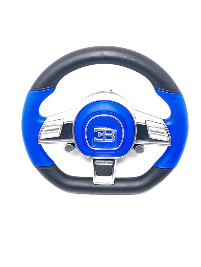 The Enhance Your Bugatti Divo with a Stylish Blue Steering Wheel - 12v Compatible features a sleek blue and black design with silver accents, an EB logo at the center, and strategically placed buttons on the arms for interactive play.