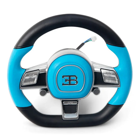 The Enhance Your Bugatti Divo with a Stylish Light Blue 12v Steering Wheel features a light blue and black design, silver center, emblem with abstract letters, integrated buttons, and an elegantly placed top wiring connector. Perfect for 12V Bugatti Divo ride-on cars.