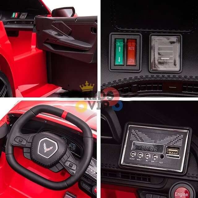 Collage of a Kids Premium 24V Red Corvette C8 Dual-Seater: top left shows the open door and seat, top right highlights switches and ports, bottom left reveals the steering wheel with a logo, and bottom right displays a control panel with buttons and USB ports.