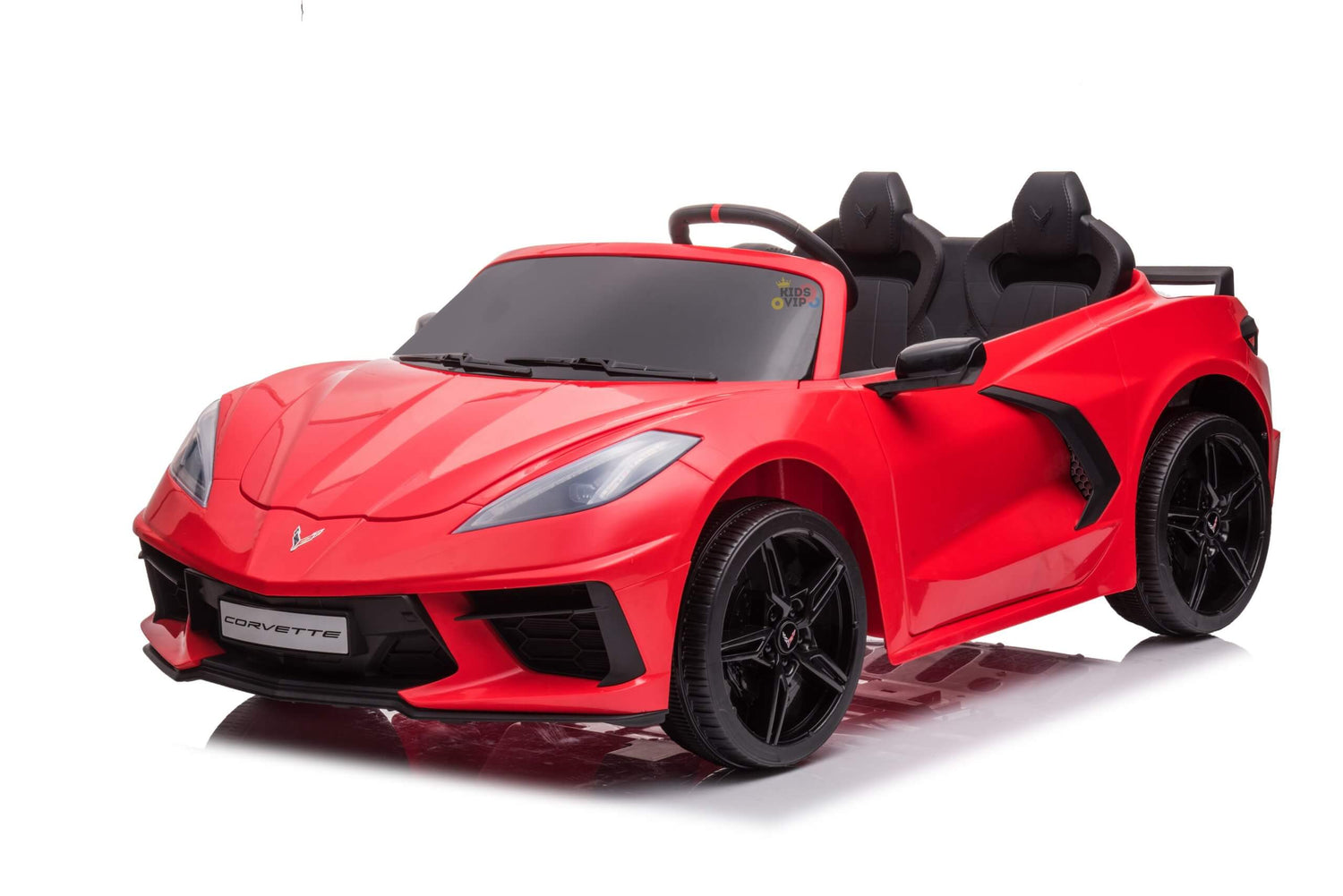 This Kids Premium 24V Red Corvette C8 dual-seater features sleek lines, black EVA wheels, and leather racing seats. It resembles a Red Corvette C8 with a logo on the front, large windshield, and Corvette license plate.