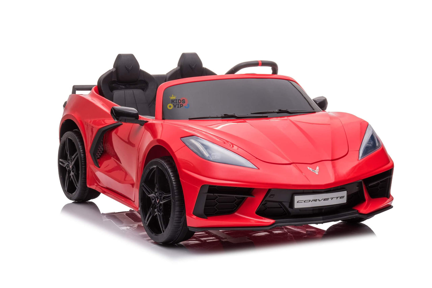The Kids Premium 24V Red Corvette C8 Dual-Seater features a sleek red ride-on car design with a Corvette label, black leather seats, EVA wheels on white, plus remote control for an exhilarating kids ride.