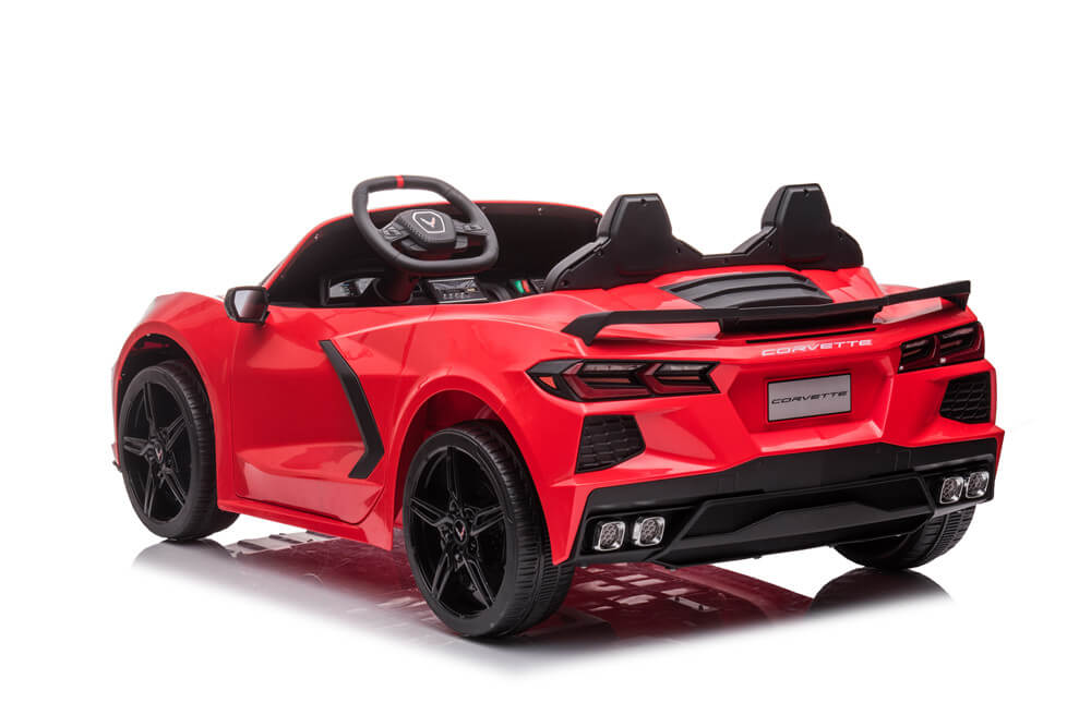 The Kids Premium 24V Red Corvette C8 Dual-Seater looks like a sports car with rear spoilers and a black interior, featuring detailed taillights, all set against a clean white background.