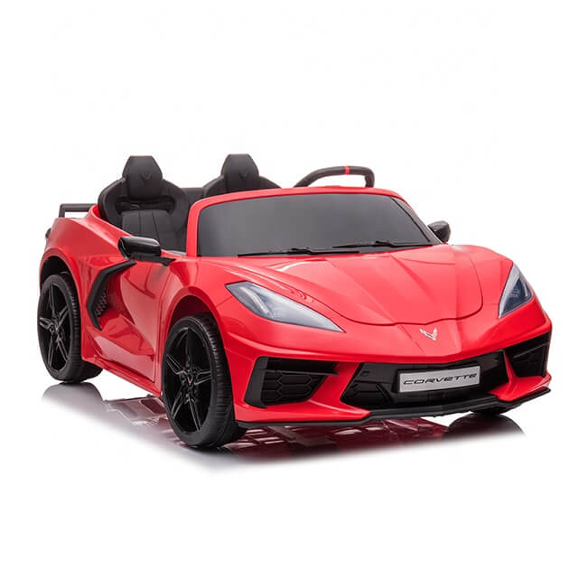 The Kids Premium 24V Red Corvette C8 Dual-Seater features sleek curves, black accents, and two black leather seats. Its a shiny red toy sports car perfect for adventurous kids, showcased against a white background.