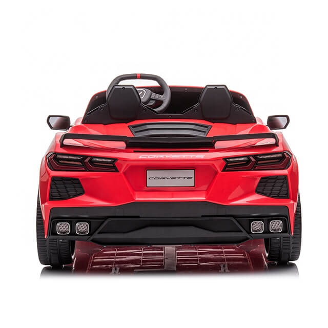 The Kids Premium 24V Red Corvette C8 Dual-Seater boasts sleek lines, detailed taillights, dual exhausts, and steering wheel visibility. Corvette graces the rear panel between the taillights of this stylish toy car with EVA wheels and leather seats.