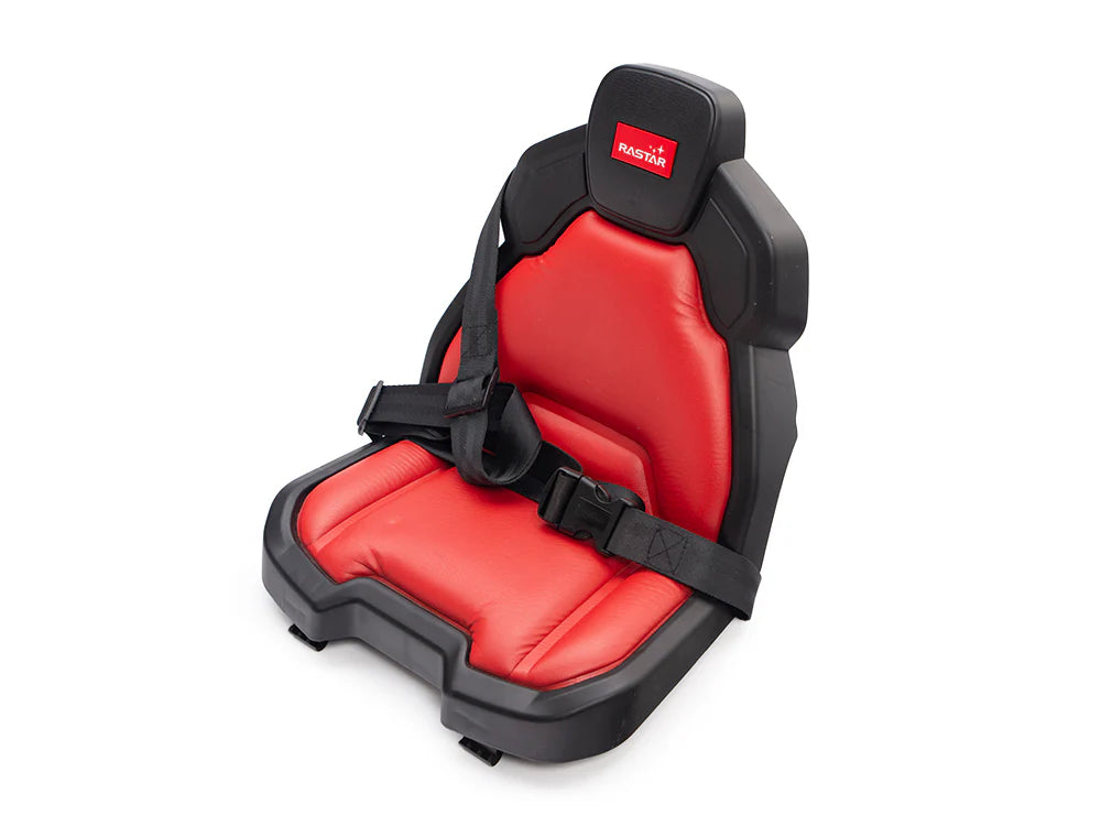 The 12V LaFerrari Seat is a red and black child car seat with adjustable safety straps, a headrest, and a sleek, sporty design. It features a cushioned seat for comfort and rests on a sturdy black plastic frame.