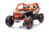 The Orange 2x24V/2WD Official Can-Am Maverick Ride on Buggy, LX Performance, is a vibrant two-seater childrens electric toy car with large textured black wheels and an open-frame design, ideal for exciting pretend outdoor adventures.