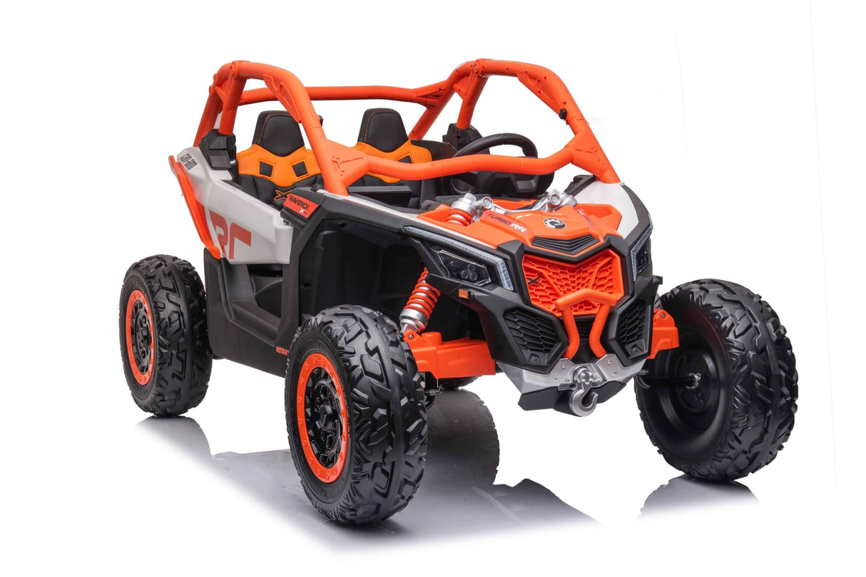 The Orange 2x24V/2WD Official Can-Am Maverick Ride on Buggy, LX Performance, features an orange and black rugged design with four large tires, two seats, a steering wheel, and roll cage. Modeled after the Can-Am Maverick, it stands out with realistic details against a white background.