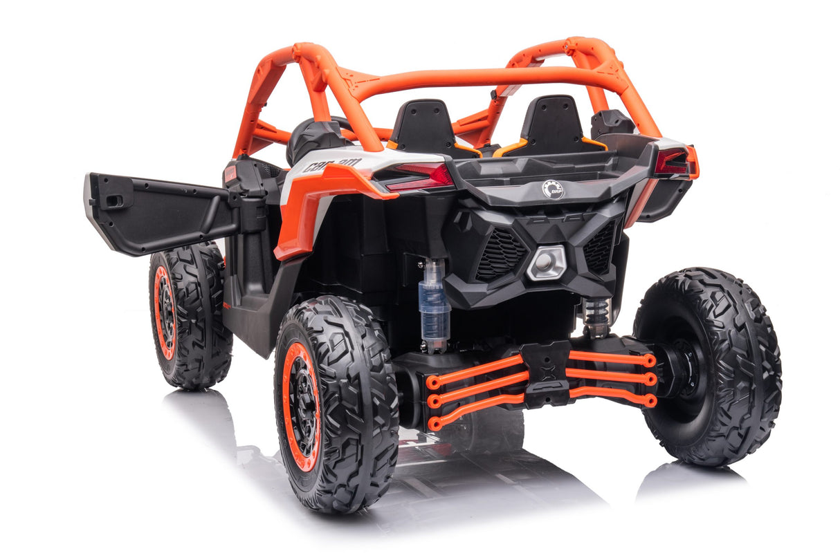 The rear view of the Orange 2x24V/2WD Official Can-Am Maverick Ride on Buggy, LX Performance, highlights its black and orange design with large tires, open door, sturdy roll cage, detailed undercarriage components, and a water bottle on the back bumper.