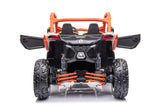 The Orange 2x24V/2WD Official Can-Am Maverick Ride on Buggy, LX Performance features a black and orange rear view, rugged styling, oversized tires, open doors, a roll cage, and seats two for adventurous outdoor escapades.