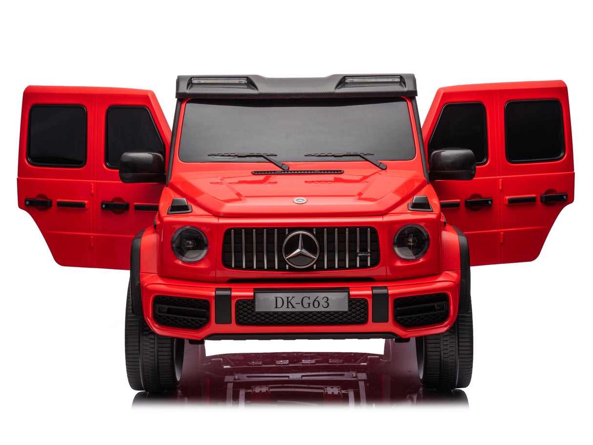 Introducing the Red 2x24V/4WD Platinum XXL Mercedes G63 Ride-On Truck, a toy car with MP4, EVA wheels, leather seats, open front doors, DK-G63 license plate, prominent grill design, and remote control for enhanced fun and safety features.