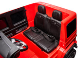 The Red 2x24V/4WD Platinum XXL Mercedes G63 Ride On Truck features a plush interior with black leather seats, seatbelts, and a left-sided black steering wheel complementing the dashboard. This mini convertible offers remote control access for an exhilarating ride experience.