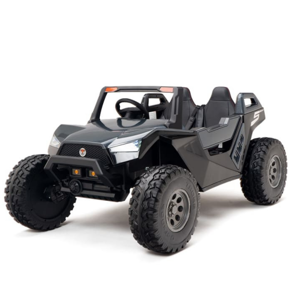 A Black 24V/4X4 Dune Buggy Ride On UTV with rubber wheels has an open-top design, detailed body, steering wheel, and two seats. Displayed on a white background.