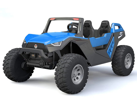 The Blue 24V/4X4 Dune Buggy Ride On UTV features large rubber wheels, a rugged roll cage, and an angular design with two seats, all set against a stark white background to highlight its sporty allure.