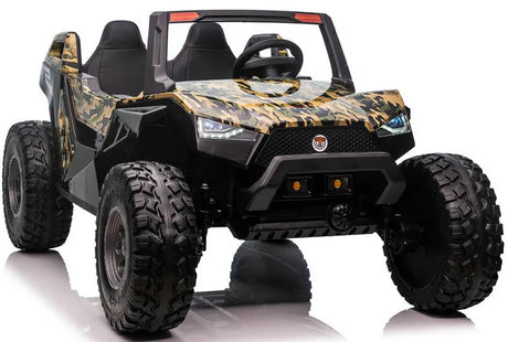 The Camo 24V/4X4 Dune Buggy Ride On UTV features rubber wheels and an off-road design. With a camouflage finish and two seats, this sporty electric toy for kids has a steering wheel and includes a parental remote for enhanced safety.