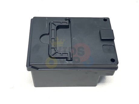 A black rectangular plastic box with a top handle on a white background resembles the sleek compartment of a Camo 24V/4X4 Dune Buggy Ride On UTV, featuring two small holes on one side of the lid and a latch mechanism.