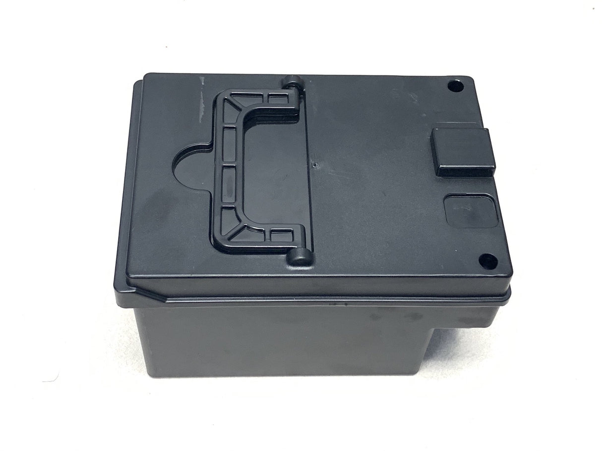 This blue, rectangular plastic box with a handle on top and a small raised section on the right is modeled after the rugged charm of a Blue 24V/4X4 Dune Buggy Ride On UTV, Rubber Wheels and RC. It’s an adventurous storage container for those who appreciate robust utility solutions.