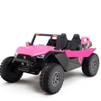 The Pink 24V/4X4 Dune Buggy Ride On UTV is a vibrant childrens two-seater ride-on toy with an open cabin design and rubber wheels, embodying an off-road vehicle look with bright pink and black accents for a sporty adventure.