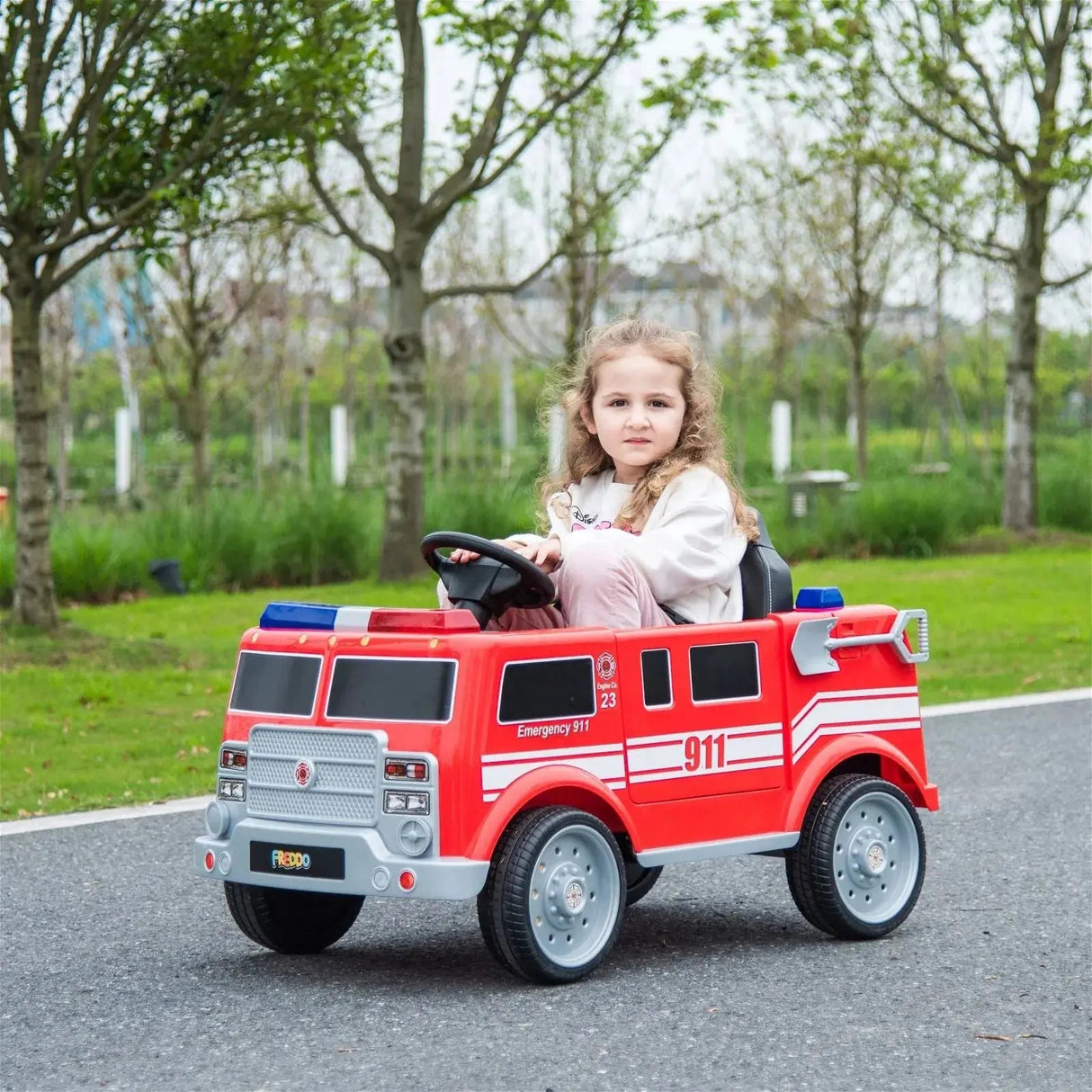 12V 1-Seater Ride-On Fire Truck with EVA Tires, Emergency Lights, Music, Remote