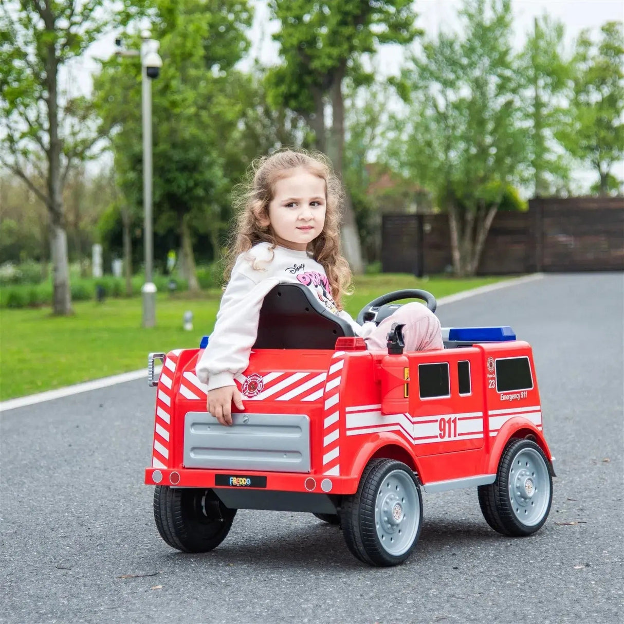 12V 1-Seater Ride-On Fire Truck with EVA Tires, Emergency Lights, Music, Remote