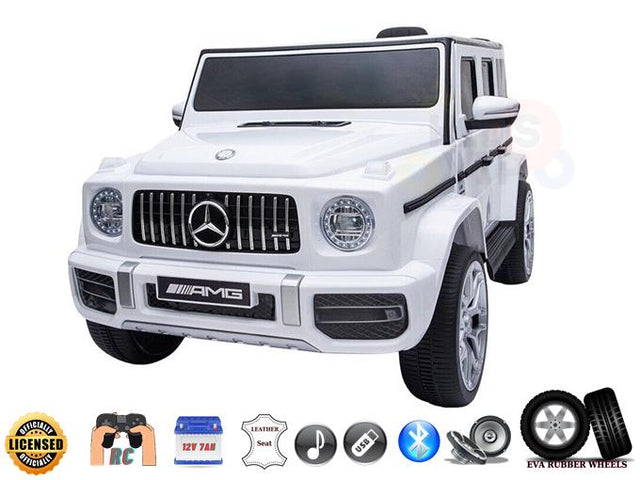 A toy version of the Limited 12V Mercedes Benz AMG G63 Kids and Toddlers Ride-On Truck, RC, in sleek white, features a prominent front grille and logo. Icons highlight its remote control, 12V battery, leather seat, sound system, lights, and rubber wheels.