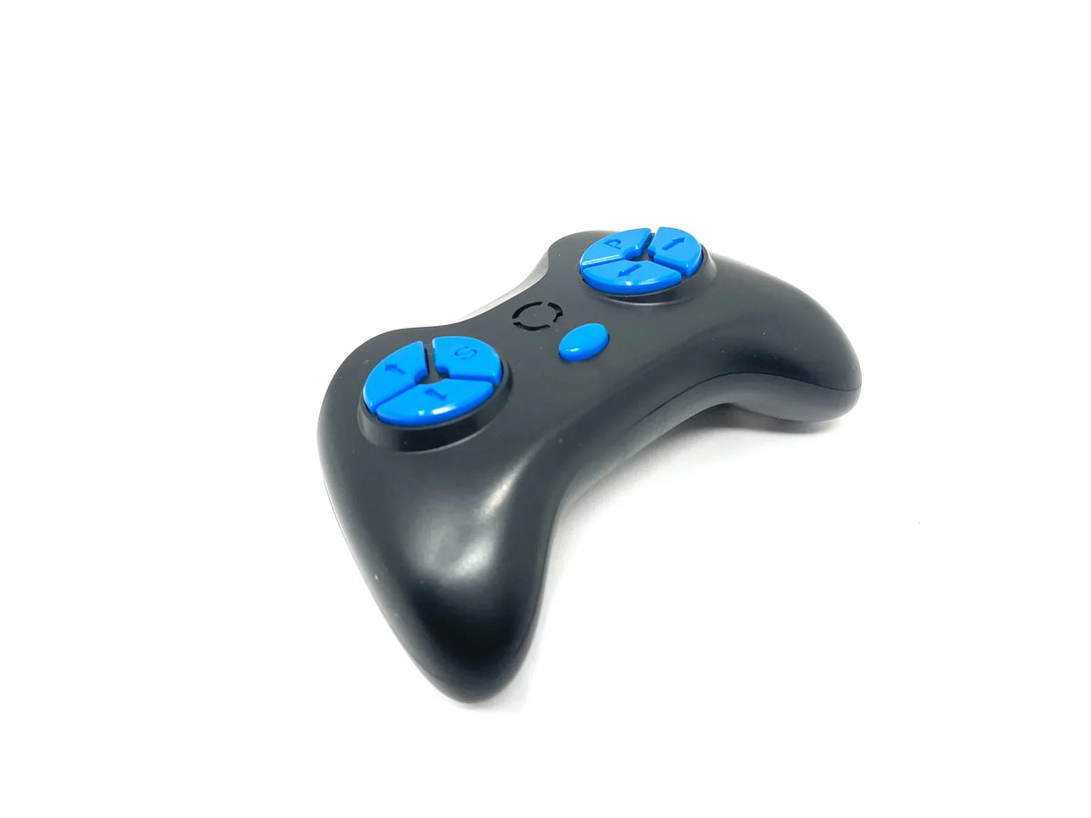 A black handheld controller featuring two large blue knobs and a blue button on a white background, designed with the same simplicity and minimalism as our 12V Mercedes SL500 New Version Remote, exclusively available at kidsviponline.