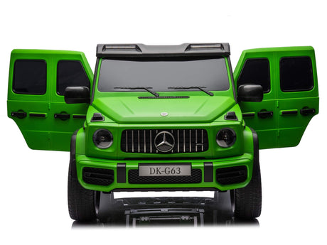 The Green Mercedes G63 XXL Kids Ride-On Truck – Platinum Edition boasts a lime color, resembling a G-Class, with a front DK-G63 license plate. Its equipped with 24V/4WD, remote control, open doors and hood revealing details, including the emblem on the grille.